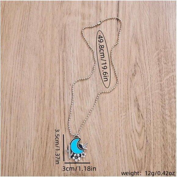 Imitation Turquoise Crescent Moon Hummingbird Pendant Necklace Silver-Tone - Picture 2 of 2